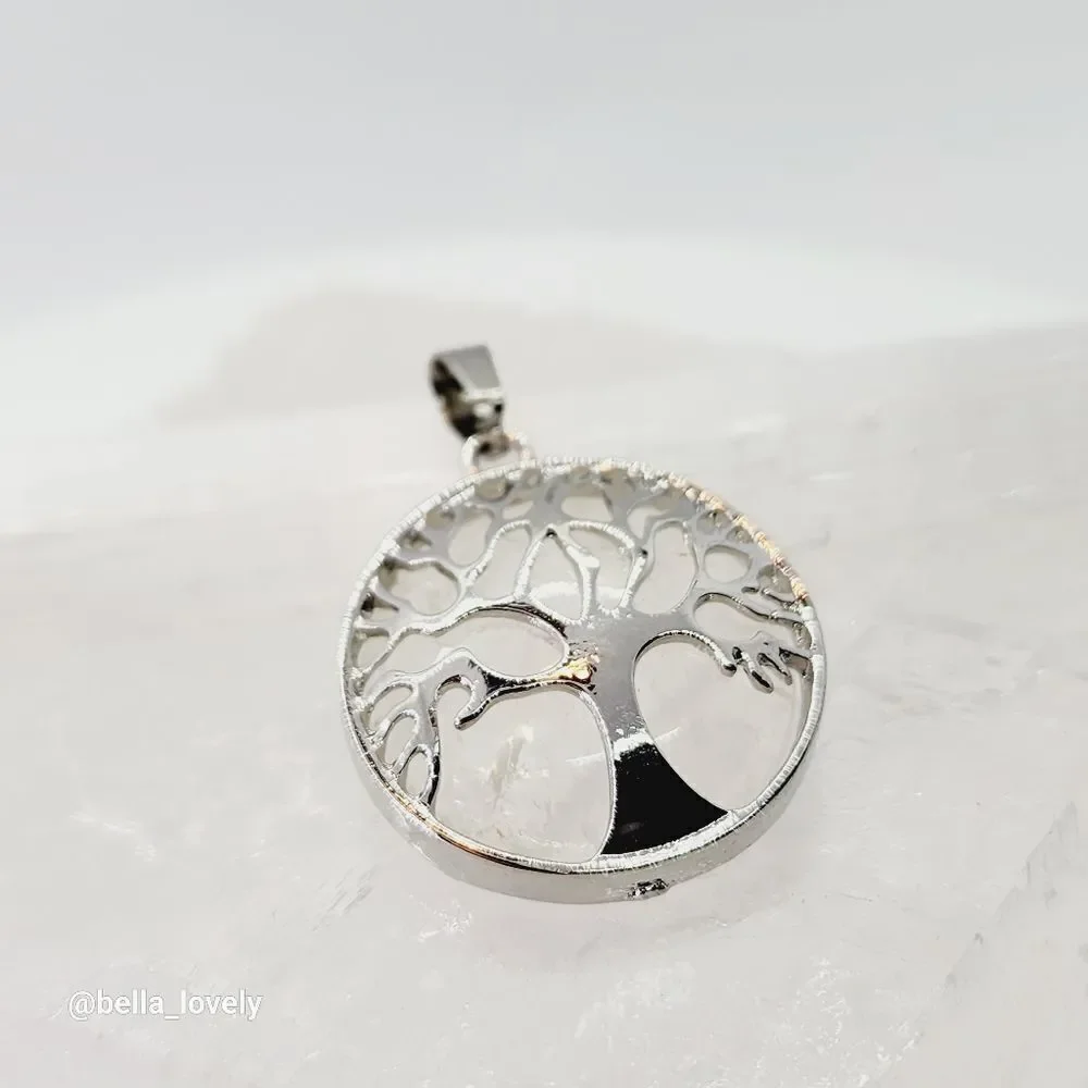 Clear Quartz Crystal Yogi Tree of Life Silver Toned Handmade Pendant 1.5